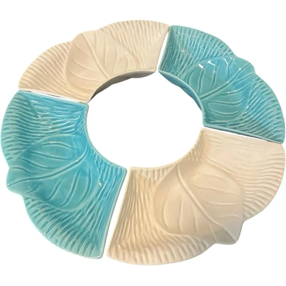 California Pottery Lazy Susan 4 Dish Snack Chip Dip Turquoise White 459 Vintage